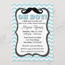 Mustache Blue Chevron Baby Shower Invite