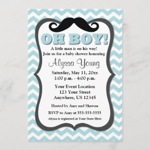 Mustache Blue Chevron Baby Shower Invite