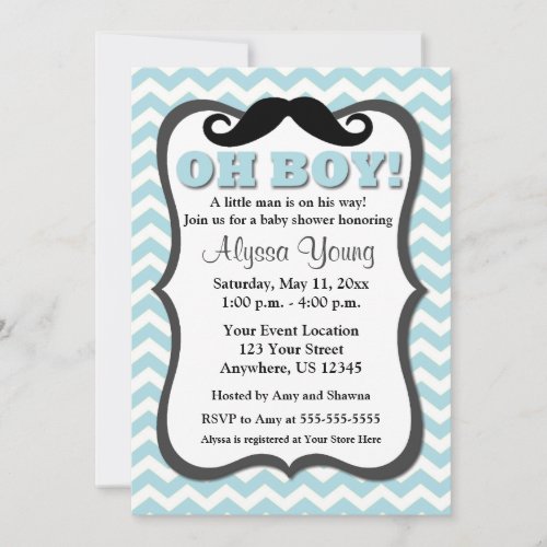 Mustache Blue Chevron Baby Shower Invite
