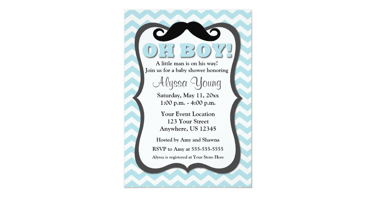 Mustache Blue Chevron Baby Shower Invite Zazzle Com