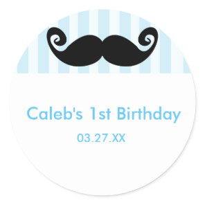 MUSTACHE Blue Stripe White birthday party sticker