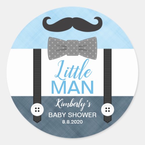 Mustache bow tie baby blue navy boy baby shower classic round sticker