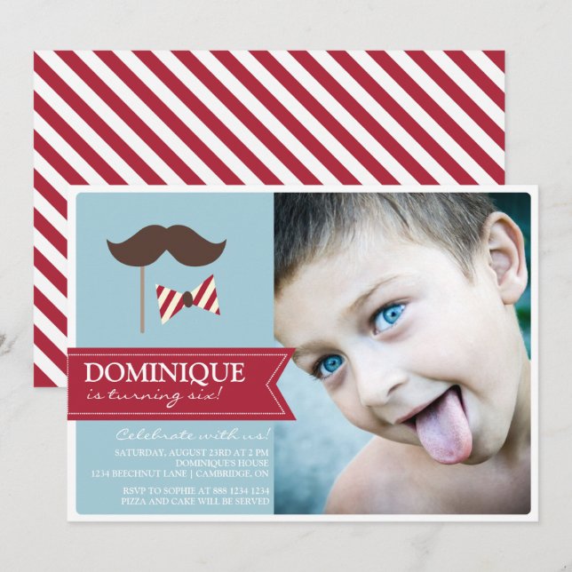 Mustache & Bow Tie Photo Birthday Party Invitation (Front/Back)