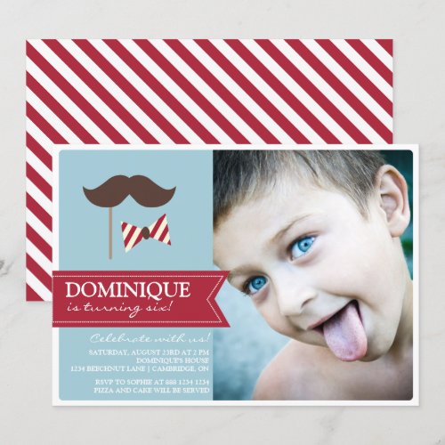 Mustache &amp; Bow Tie Photo Birthday Party Invitation