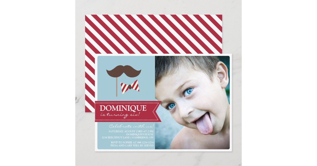 Mustache &amp; Bow Tie Photo Birthday Party Invitation | Zazzle