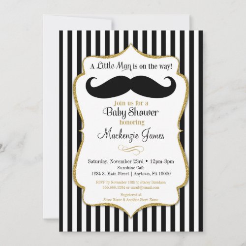 Mustache Boy Baby Shower Invitation Black Gold