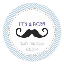 Mustache Boy Baby Shower Sticker Blue Chevron