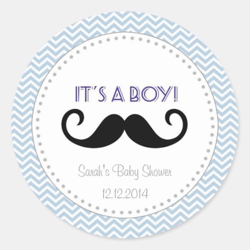 Mustache Boy Baby Shower Sticker Blue Chevron