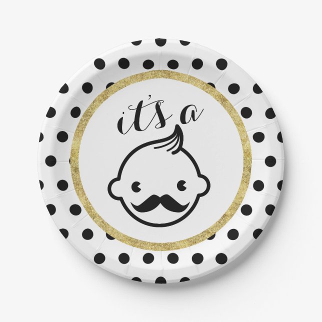 Mustache Boy Cute Polka Dots Baby Shower Paper Plates (Front)