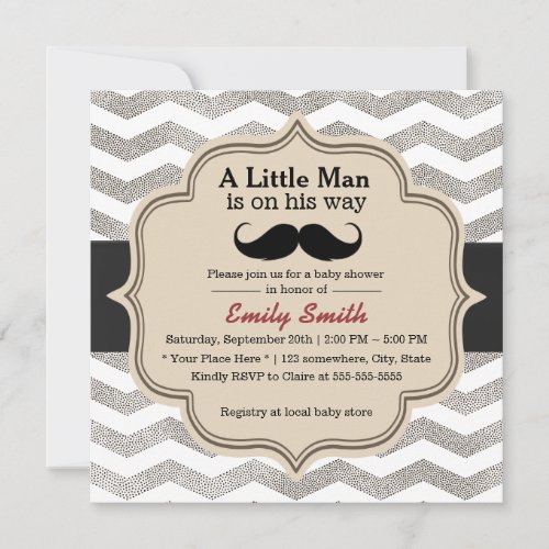 Modern Zigzag Mustache Little Man Baby Shower Announcement