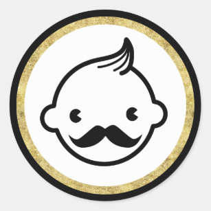Mustache Boy Modern Gold Border Baby Shower Classic Round Sticker