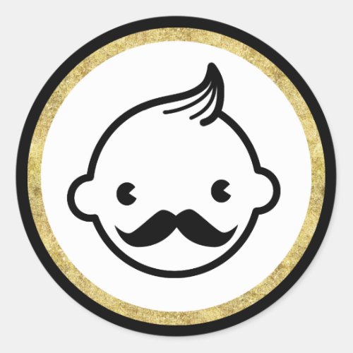 Mustache Boy Modern Gold Border Baby Shower Classic Round Sticker