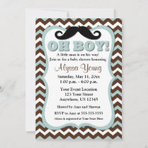 Mustache Brown Blue Chevron Baby Shower Invite