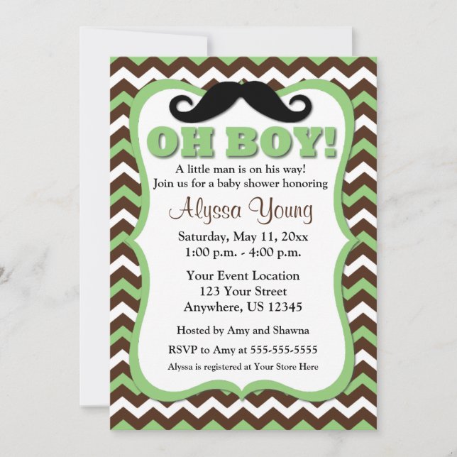 Mustache Brown Green Chevron Baby Shower Invite (Front)
