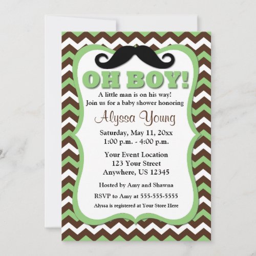 Mustache Brown Green Chevron Baby Shower Invite