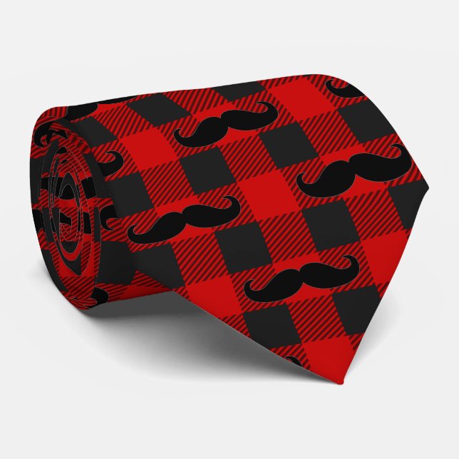 Mustache Buffalo Plaid Pattern Black and Red  Neck Tie (Rolled)