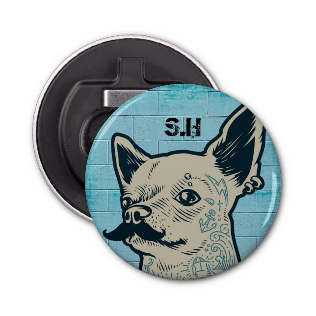 Mustache Chihuahua Graffiti Monogram Bottle Opener (Front)