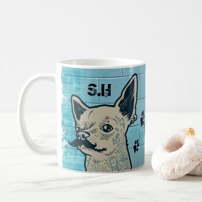 Mustache Chihuahua Graffiti Monogram Coffee Mug (With Donut)
