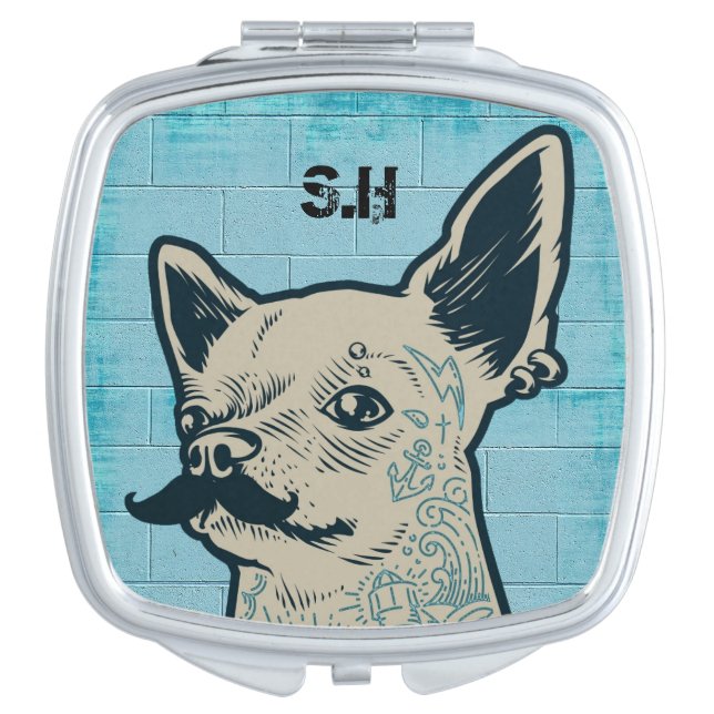 Mustache Chihuahua Graffiti Monogram Compact Mirror (Front)