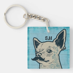 Mustache Chihuahua Graffiti Monogram Keychain