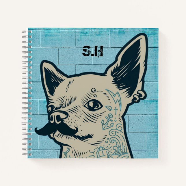 Mustache Chihuahua Graffiti Monogram Notebook (Front)