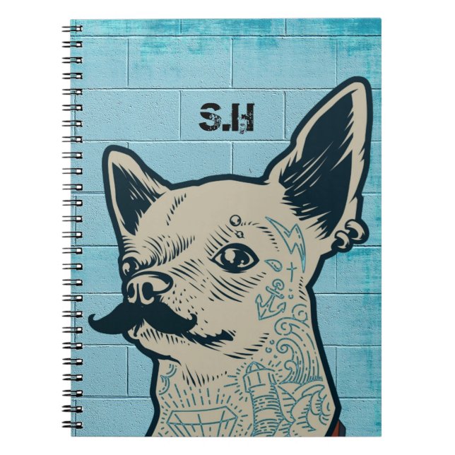 Mustache Chihuahua Graffiti Monogram Notebook (Front)