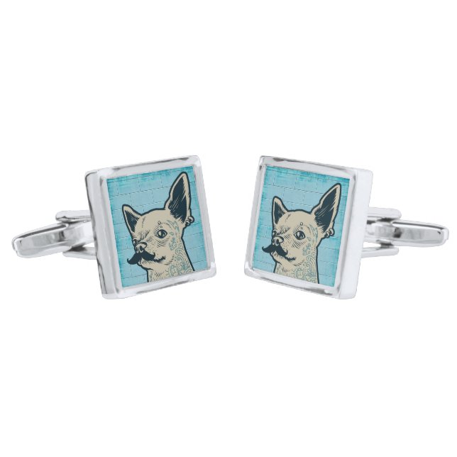 Mustache Chihuahua Graffiti Wall Cufflinks (Angled)