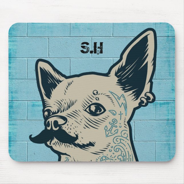 Mustache Chihuahua Graffiti Wall Monogram Mouse Pad (Front)