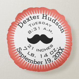Mustache Coral Orange Personalize Birth Records Round Pillow