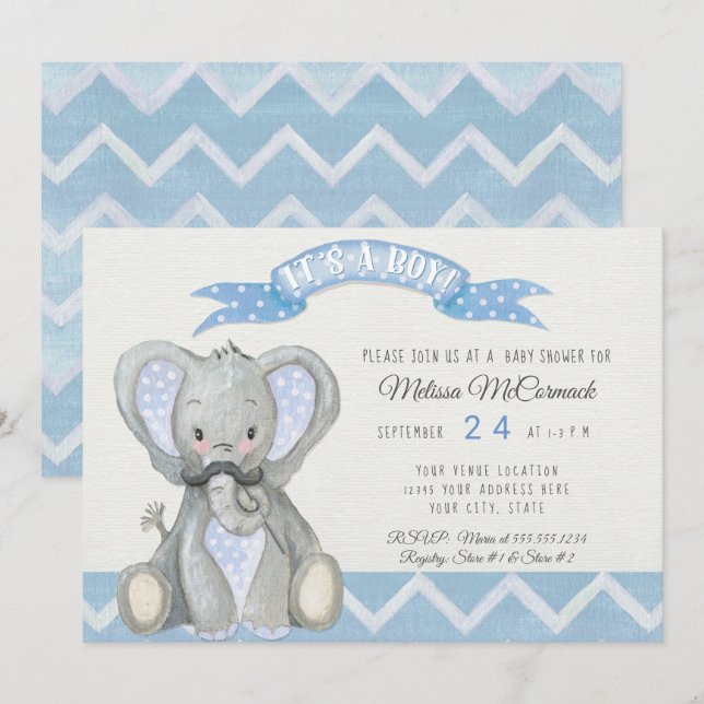 Mustache Cute Baby Elephant Boy Shower Chevron Invitation (Front/Back)
