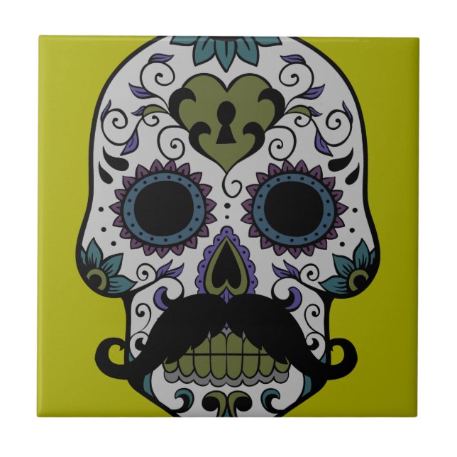 Mustache Day of the Dead Ceramic Tile (Front)