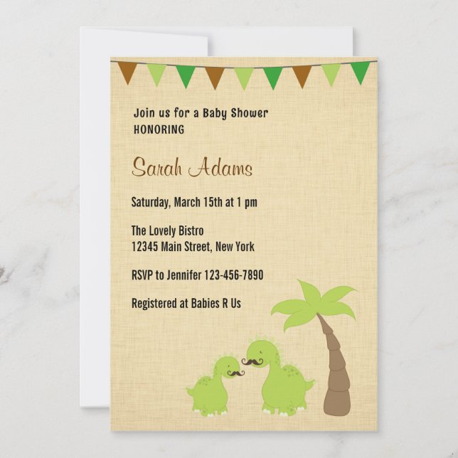 Mustache Dinosaur Theme Baby Shower Invitation (Front)