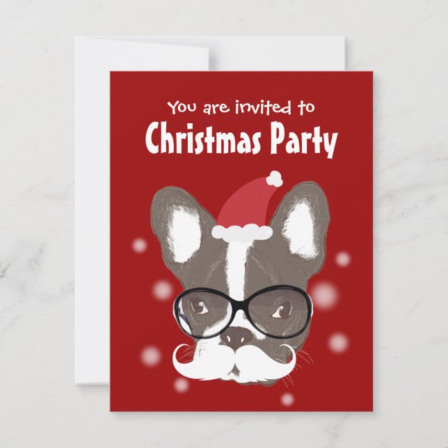 Mustache French Bulldog Christmas Party Invitation (Front)