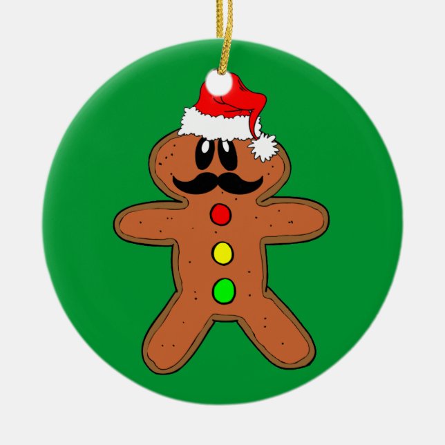 mustache gingerbread man ceramic ornament (Front)