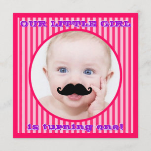 Mustache Girl Pink Stripe Birthday Invitation