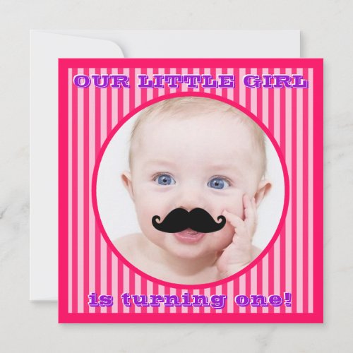 Mustache Girl Pink Stripe Birthday Invitation