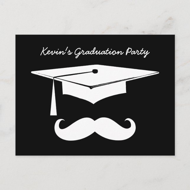 Mustache Graduation Party Black White Announcement Postcard (Front)