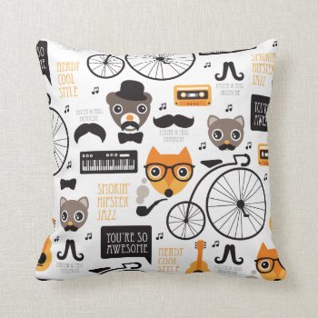 Mustache Hipster Fox Cat And Bear Illustration Throw Pillow by designalicious at Zazzle