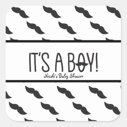 Mustache ITS A BOY Black White Baby Shower Favor Square Sticker