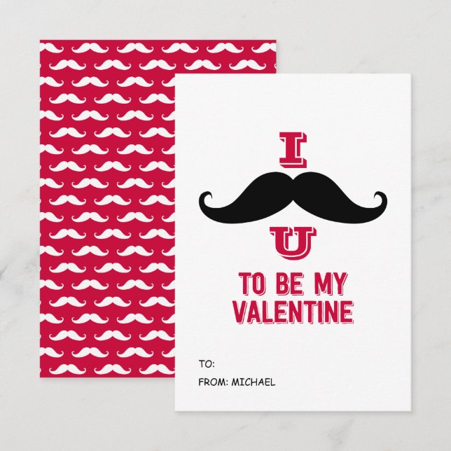 Mustache Kids Classroom Valentine Card (Front/Back)