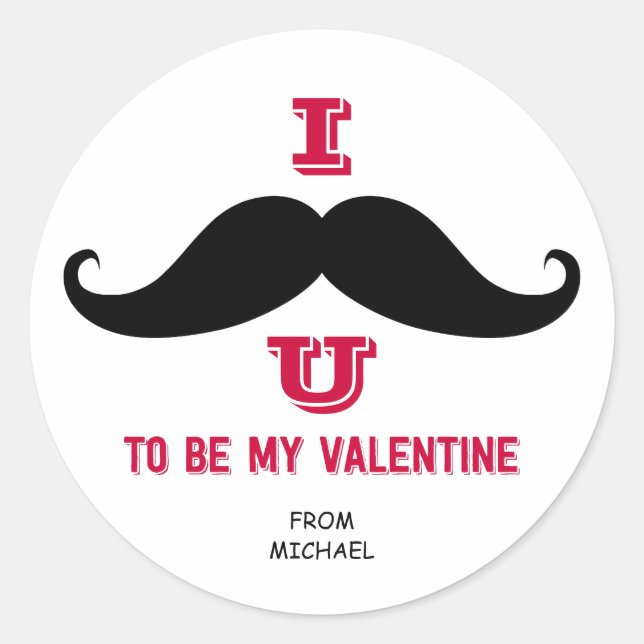 Mustache Kids Classroom Valentine Stickers (Front)