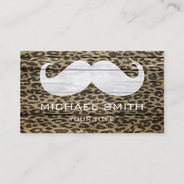 Mustache Leopard on Wood Texture #6 Business Card (Front)