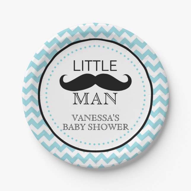 Mustache Lil' Man Baby Shower Boy Chevron Blue Paper Plates (Front)