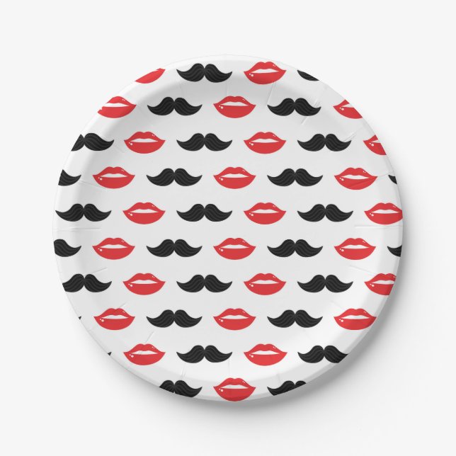 Mustache & Lips His & Hers Wedding Party Pattern Paper Plates (Front)