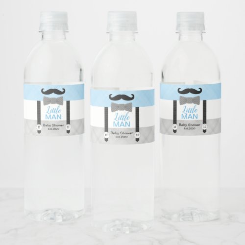 Mustache little man baby blue gray boy baby shower water bottle label