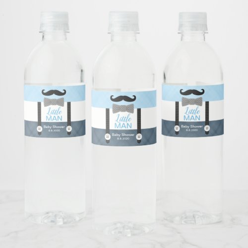 Mustache little man baby blue navy baby shower boy water bottle label