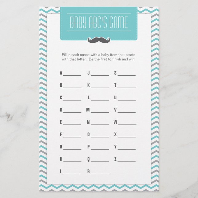 Mustache / Little Man Baby Shower ABCs Game (Front)