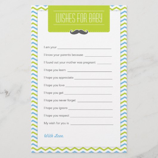 Mustache / Little Man Baby Shower Wishes for Baby (Front)