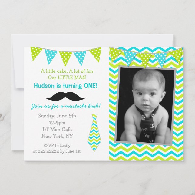 Mustache Little Man Birthday Invitations (Front)
