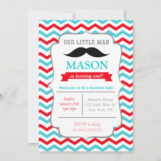 Mustache Little Man Birthday Party Invitations (Front)